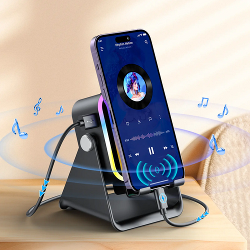 5-in-1 Wireless Charging Speaker Stand – 360° Adjustable Phone & Tablet Holder with 3500mAh Power Bank & Colorful Ambient Light