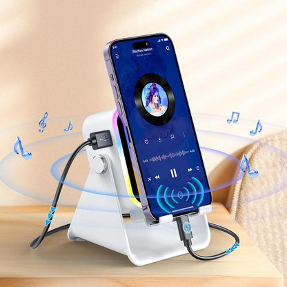 5-in-1 Wireless Charging Speaker Stand – 360° Adjustable Phone & Tablet Holder with 3500mAh Power Bank & Colorful Ambient Light