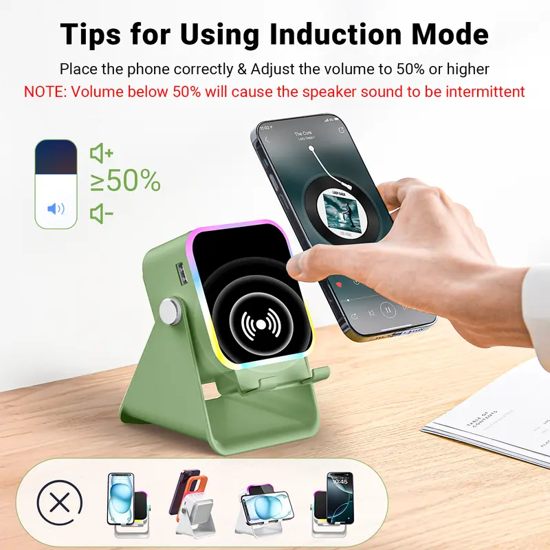 5-in-1 Wireless Charging Speaker Stand – 360° Adjustable Phone & Tablet Holder with 3500mAh Power Bank & Colorful Ambient Light