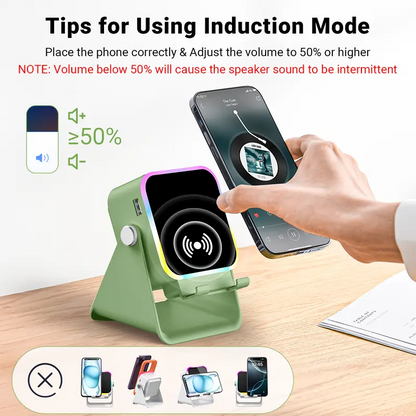 5-in-1 Wireless Charging Speaker Stand – 360° Adjustable Phone & Tablet Holder with 3500mAh Power Bank & Colorful Ambient Light