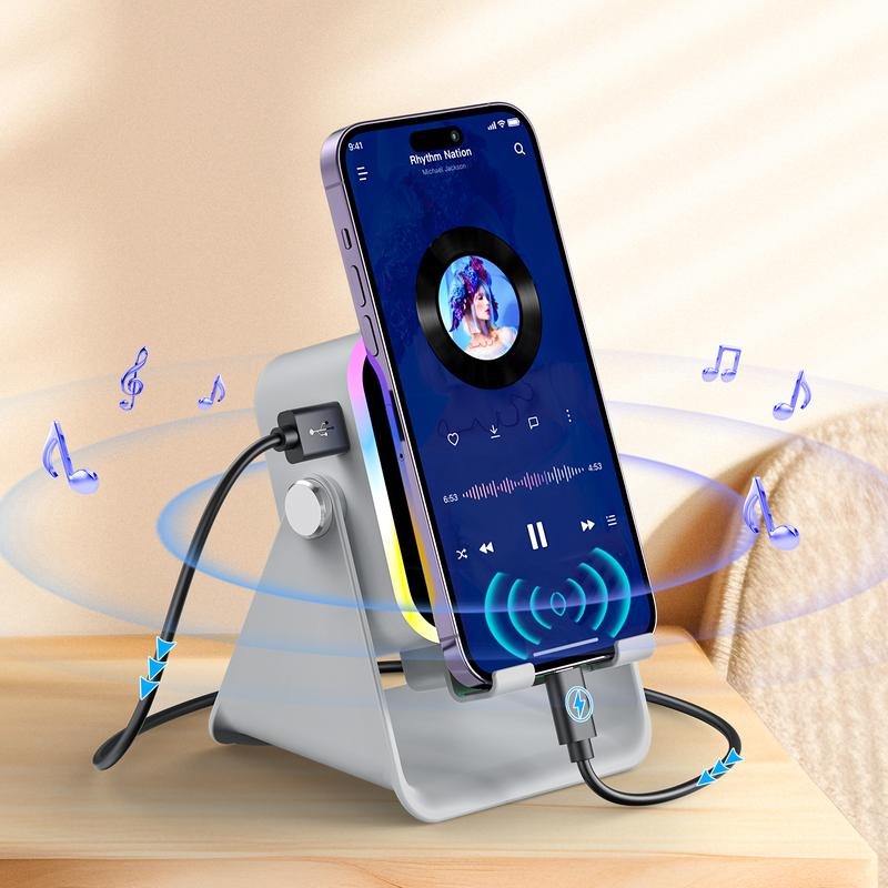 5-in-1 Wireless Charging Speaker Stand – 360° Adjustable Phone & Tablet Holder with 3500mAh Power Bank & Colorful Ambient Light