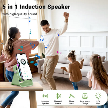 5-in-1 Wireless Charging Speaker Stand – 360° Adjustable Phone & Tablet Holder with 3500mAh Power Bank & Colorful Ambient Light