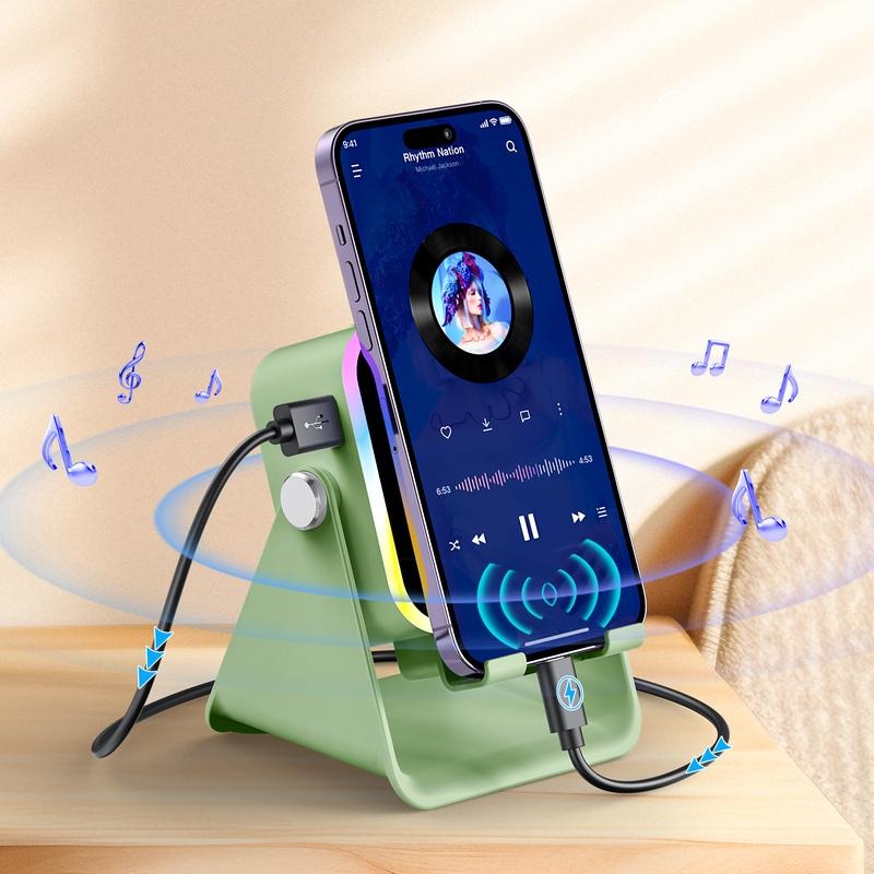5-in-1 Wireless Charging Speaker Stand – 360° Adjustable Phone & Tablet Holder with 3500mAh Power Bank & Colorful Ambient Light