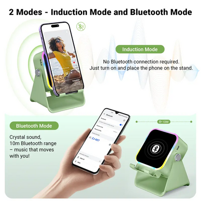 5-in-1 Wireless Charging Speaker Stand – 360° Adjustable Phone & Tablet Holder with 3500mAh Power Bank & Colorful Ambient Light