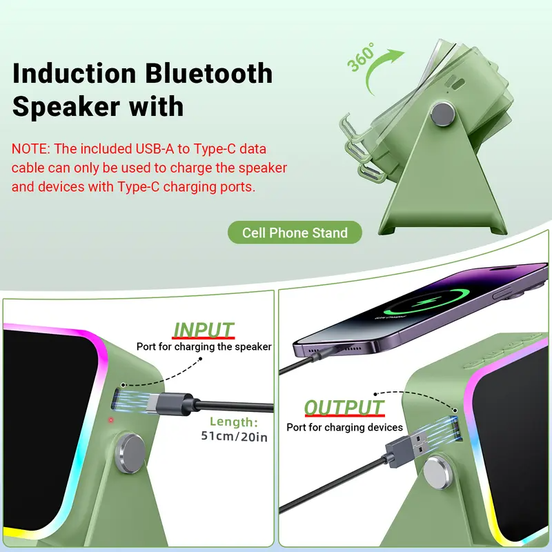 5-in-1 Wireless Charging Speaker Stand – 360° Adjustable Phone & Tablet Holder with 3500mAh Power Bank & Colorful Ambient Light