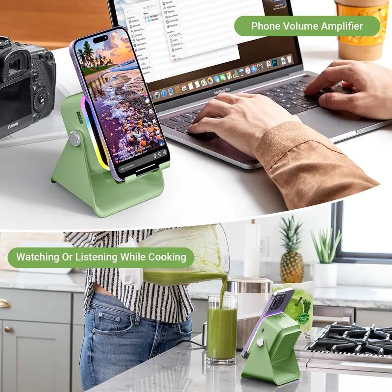 5-in-1 Wireless Charging Speaker Stand – 360° Adjustable Phone & Tablet Holder with 3500mAh Power Bank & Colorful Ambient Light