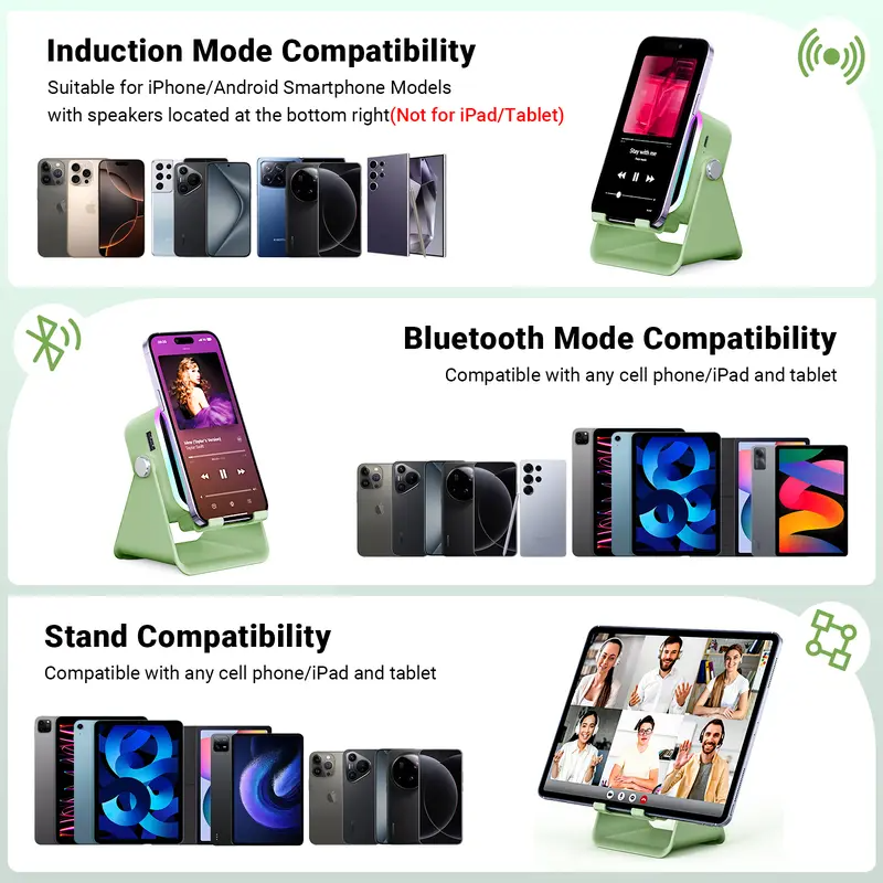 5-in-1 Wireless Charging Speaker Stand – 360° Adjustable Phone & Tablet Holder with 3500mAh Power Bank & Colorful Ambient Light