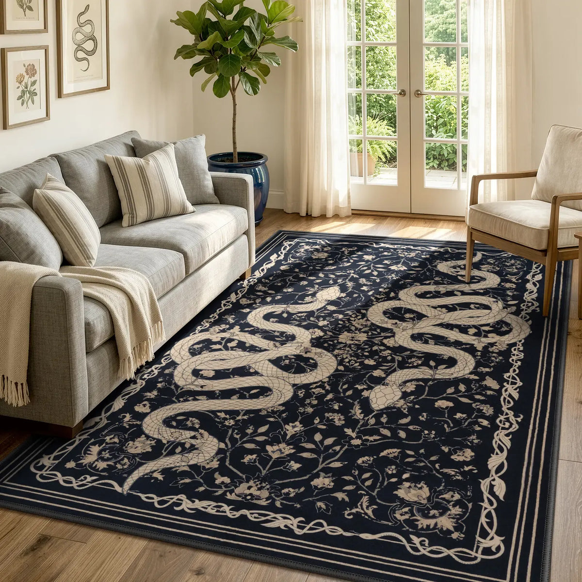 Modern Snake Design Washable Area Rug, Ultra Soft Non-Slip Indoor Carpet for Living Room, Bedroom & Home Office Decor